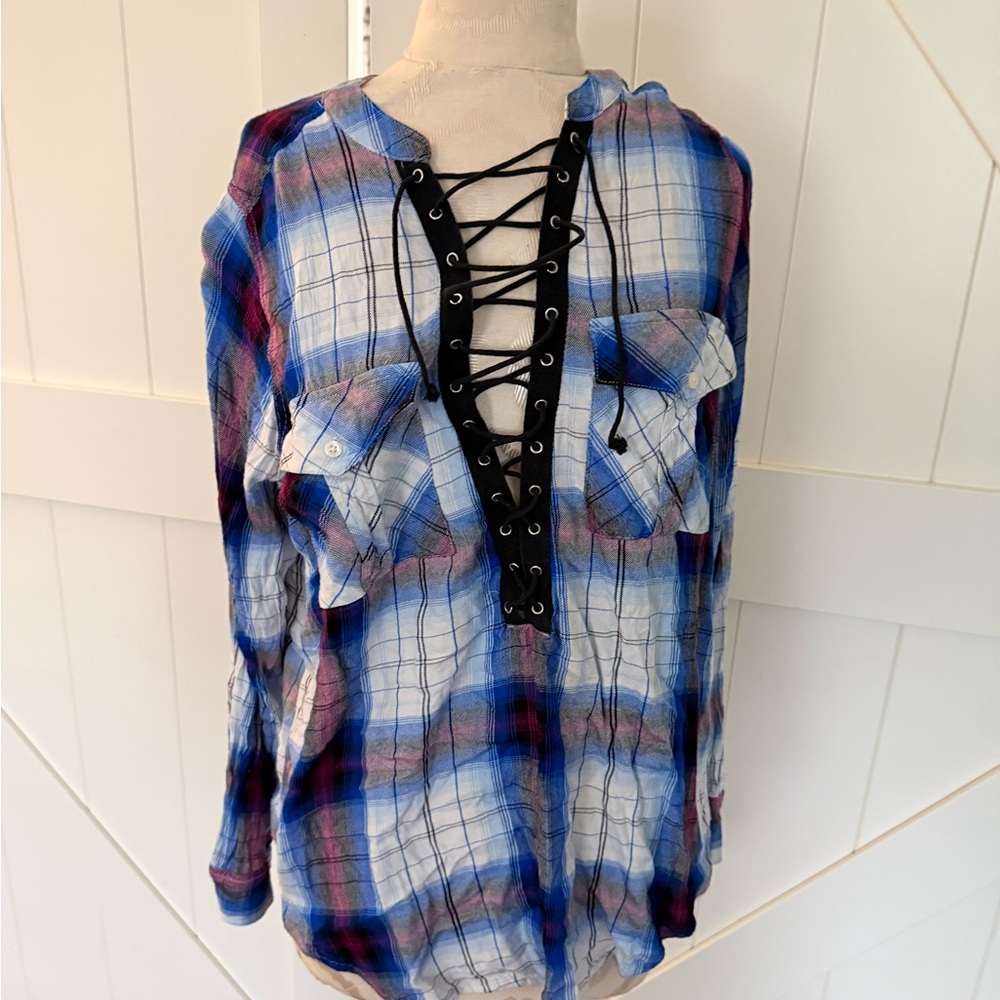 Express Blue Plaid Lace-Up  Shirt
